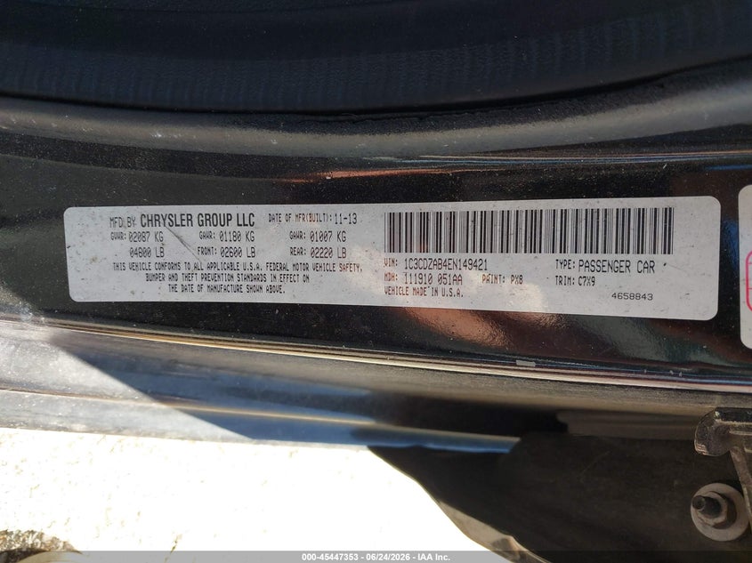 2014 Dodge Avenger Se VIN: 1C3CDZAB4EN149421 Lot: 45447353