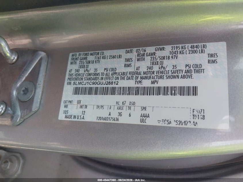 2016 Lincoln Mkc Premier VIN: 5LMCJ1C90GUJ28812 Lot: 45447368