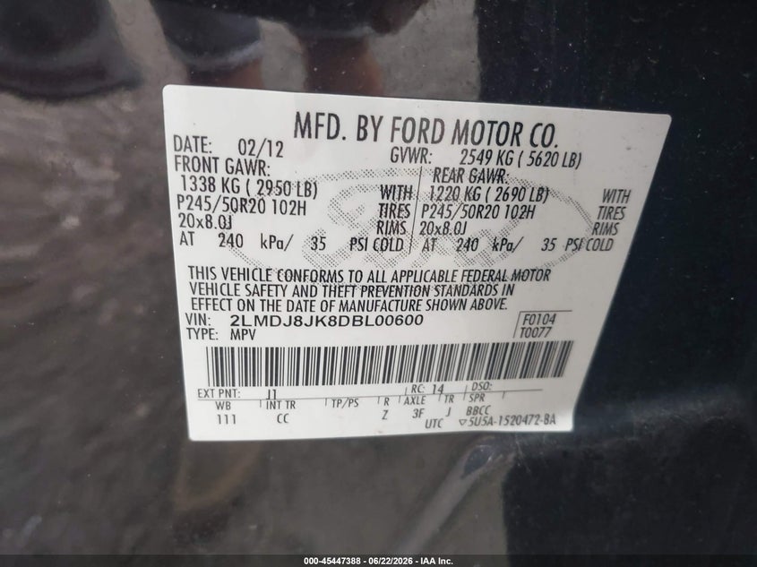 LINCOLN MKX 2013 VIN 2LMDJ8JK8DBL00600