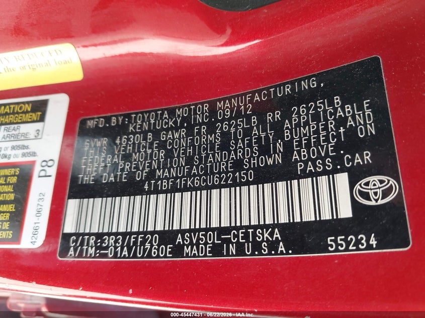 2012 TOYOTA CAMRY SEDAN 2.5L I-4 DOHC, VVT, 178HP