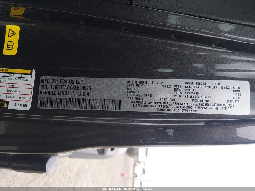 VIN 1C6PJTAG0SL514996 2025 JEEP GLADIATOR NIGHTHAWK