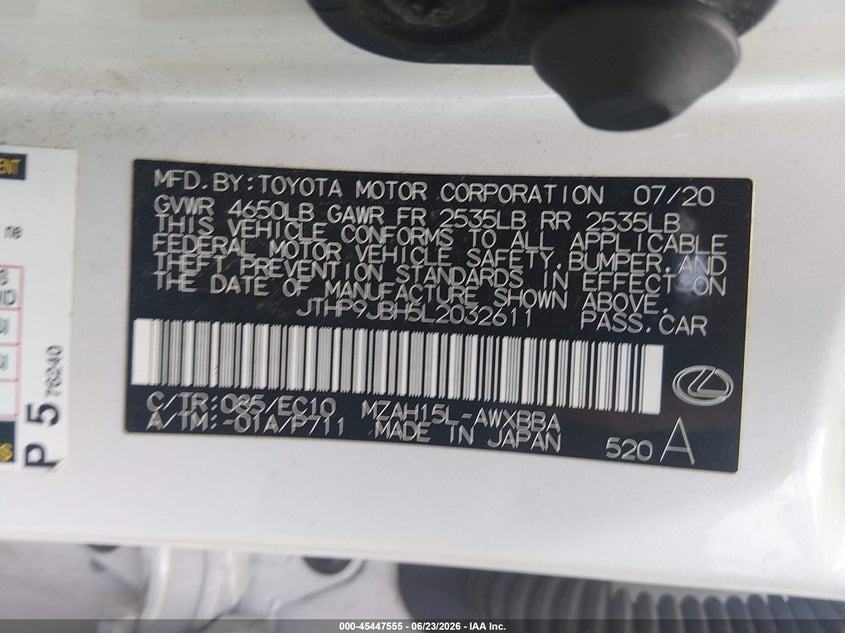 2020 Lexus Ux 250H VIN: JTHP9JBH5L2032611 Lot: 45447555
