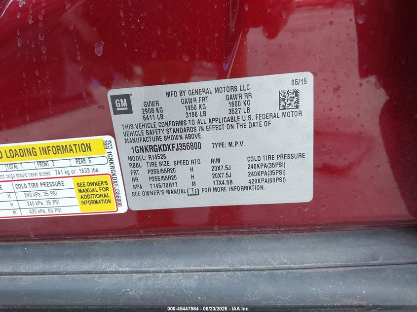 CHEVROLET TRAVERSE 2015 VIN 1GNKRGKDXFJ356800