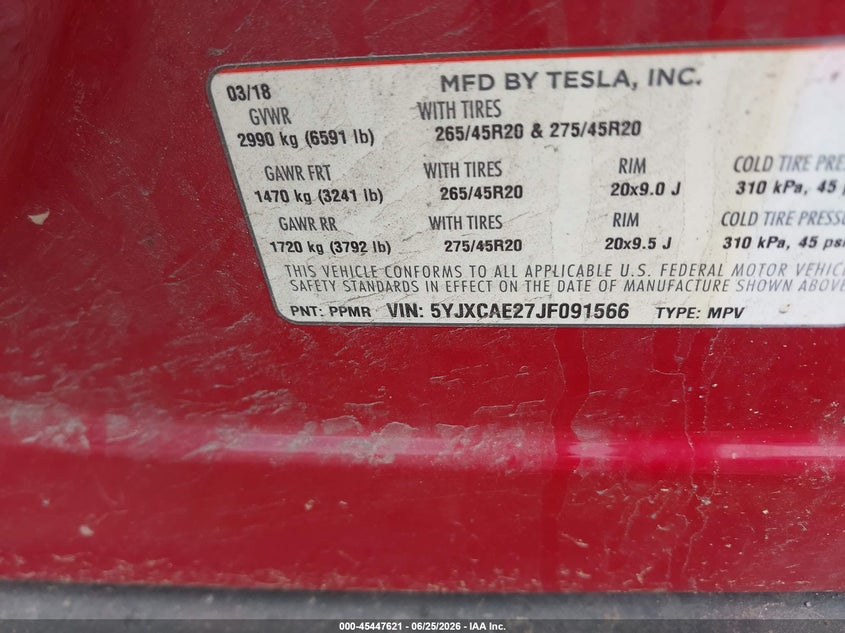 2018 Tesla Model X 100D/75D/P100D VIN: 5YJXCAE27JF091566 Lot: 45447621