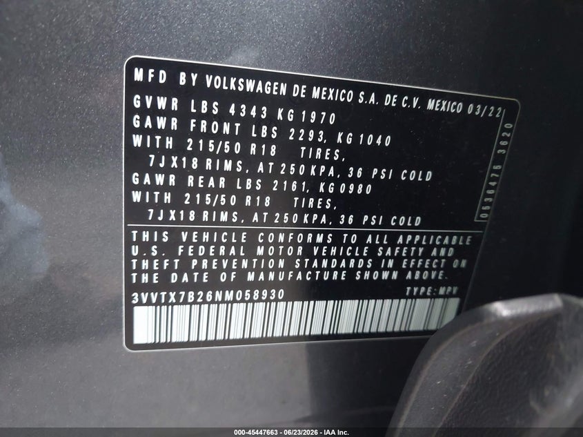 2022 Volkswagen Taos 1.5T Se VIN: 3VVTX7B26NM058930 Lot: 45447663