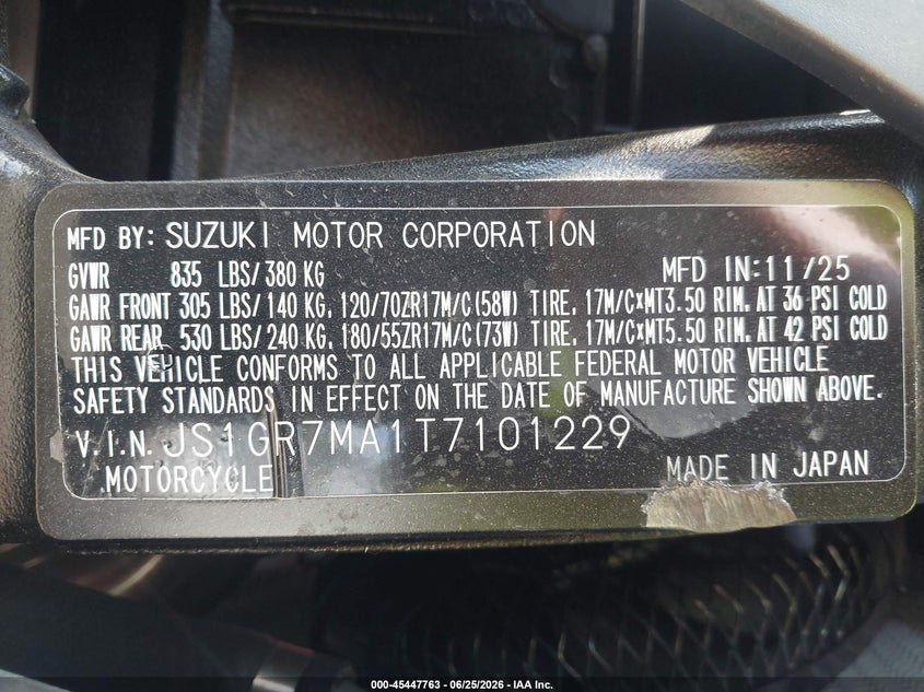 2026 Suzuki Gsx-R750 VIN: JS1GR7MA1T7101229 Lot: 45447763