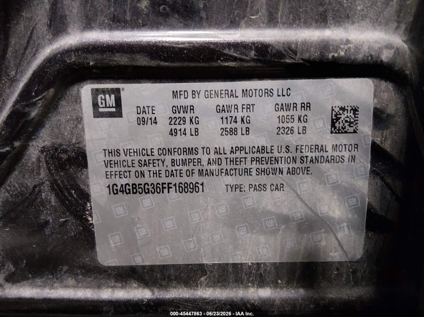 2015 Buick Lacrosse Leather VIN: 1G4GB5G36FF168961 Lot: 45447863