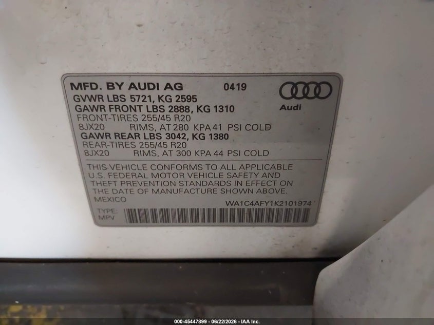 2019 Audi Sq5 3.0T Premium VIN: WA1C4AFY1K2101974 Lot: 45447899