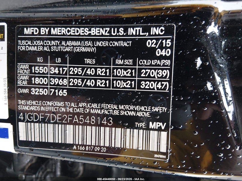 2015 Mercedes-Benz Gl 550 4Matic VIN: 4JGDF7DE2FA548143 Lot: 45448050
