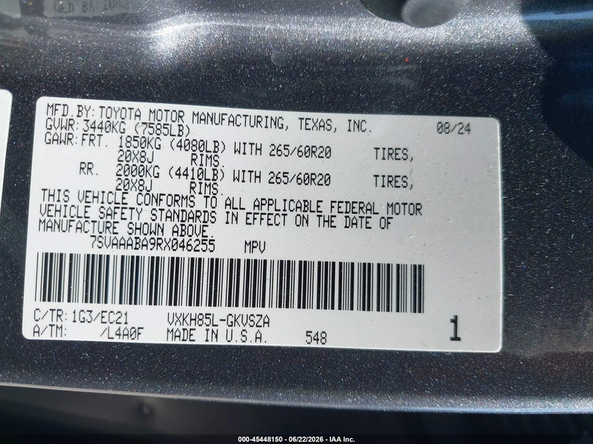 2024 Toyota Sequoia Sr5 VIN: 7SVAAABA9RX046255 Lot: 45448150