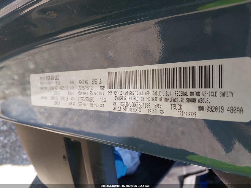 RAM PROMASTER 3500 2019 VIN 3C6URVJG6KE564186