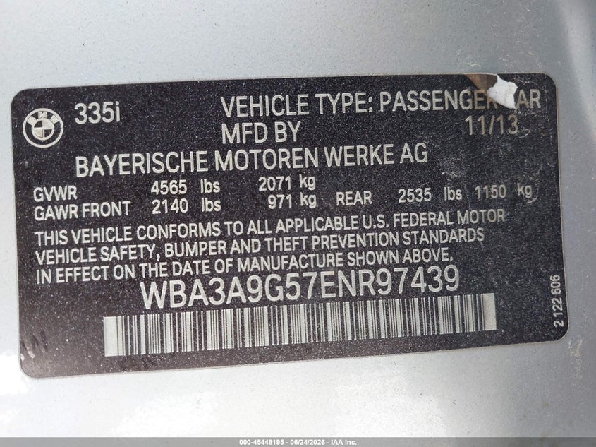 BMW 335I 2014 VIN WBA3A9G57ENR97439