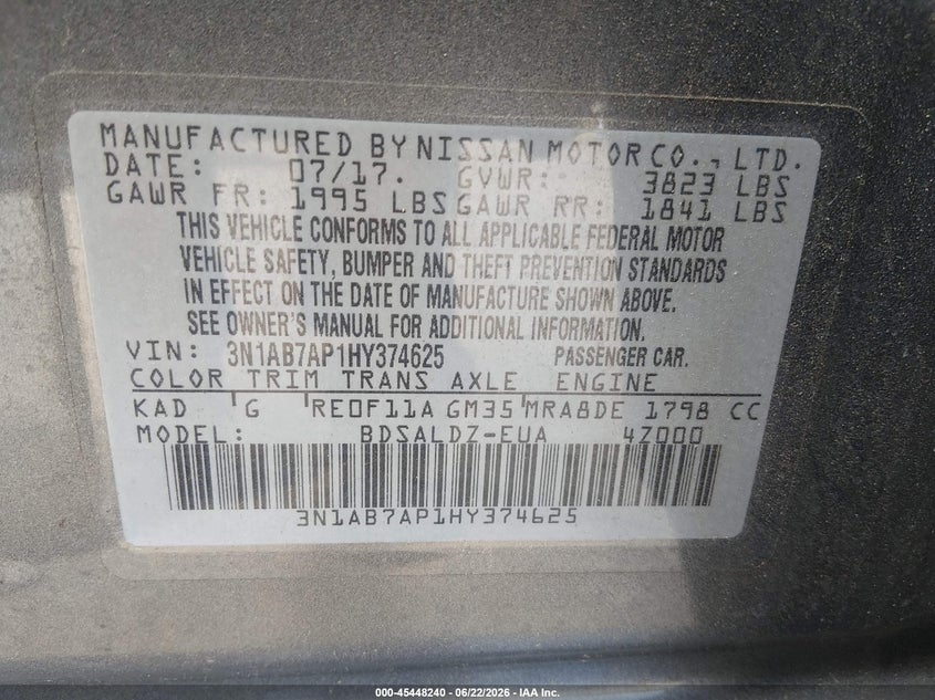 2017 NISSAN SENTRA SEDAN 1.8L I-4 DOHC, VVT, 124HP