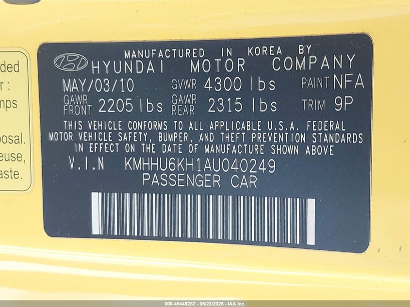 2010 Hyundai Genesis 3.8 Track VIN: KMHHU6KH1AU040249 Lot: 45448282