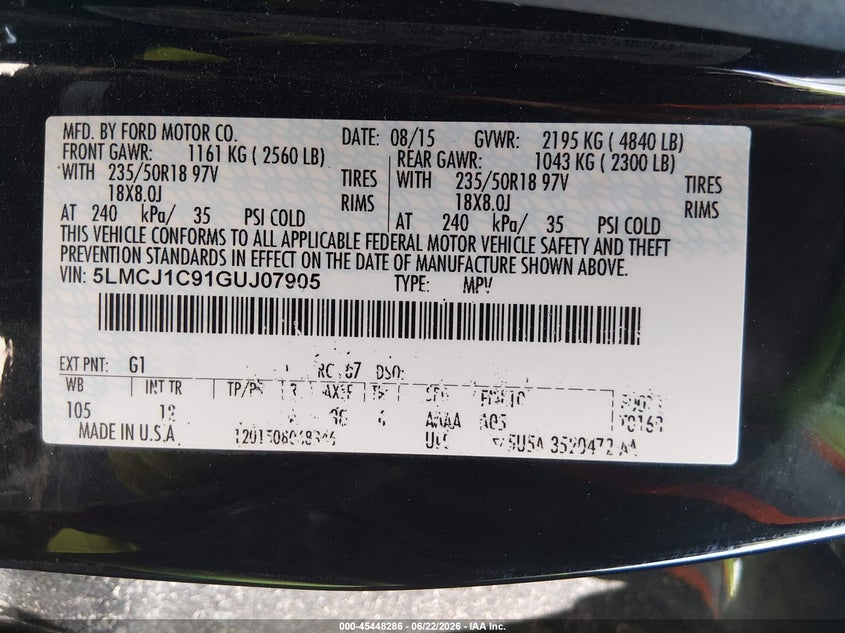 2016 Lincoln Mkc Premier VIN: 5LMCJ1C91GUJ07905 Lot: 45448286