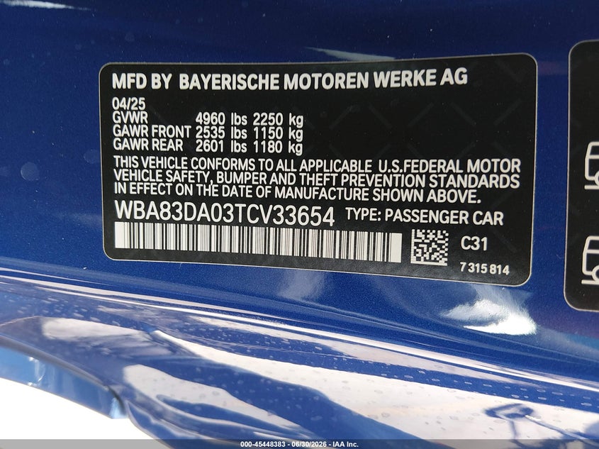 BMW M440I 2026 VIN WBA83DA03TCV33654