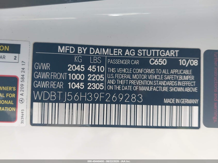 2009 Mercedes-Benz Clk 350 VIN: WDBTJ56H39F269283 Lot: 45448400