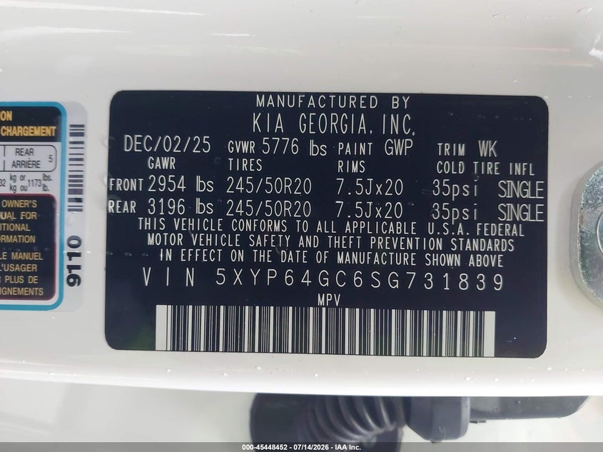 2025 Kia Telluride S VIN: 5XYP64GC6SG731839 Lot: 45448452