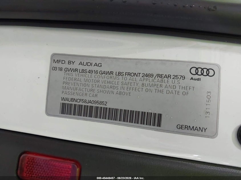 2018 Audi A5 2.0T Premium VIN: WAUBNCF58JA095852 Lot: 45448457
