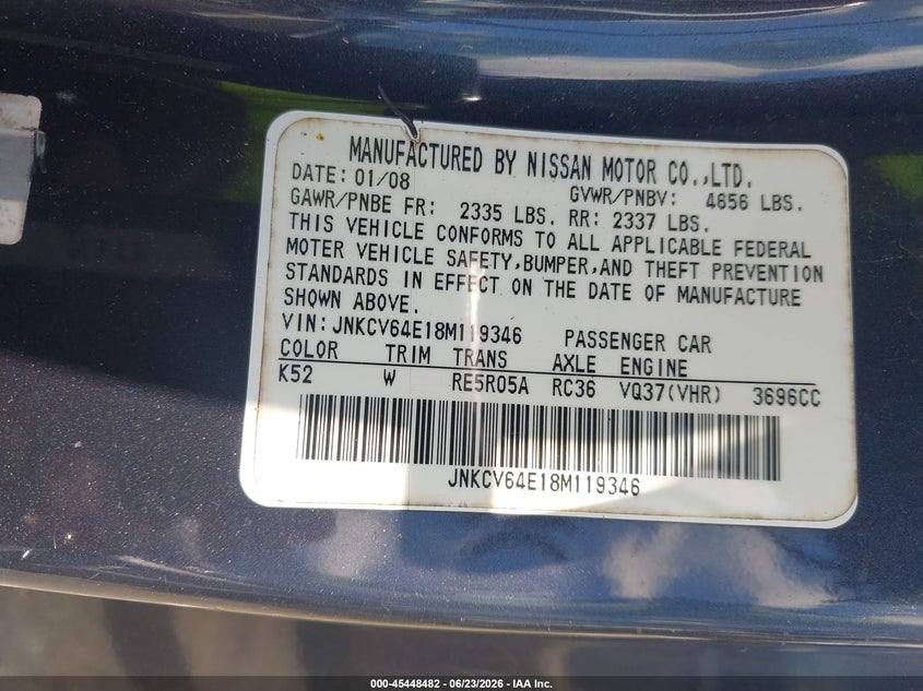 INFINITI G37 2008 VIN JNKCV64E18M119346