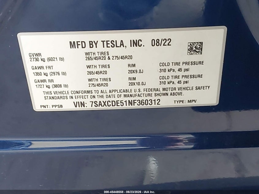 2022 Tesla Model X Dual Motor All-Wheel Drive/Plaid Tri Motor All-Wheel Drive VIN: 7SAXCDE51NF360312 Lot: 45448558