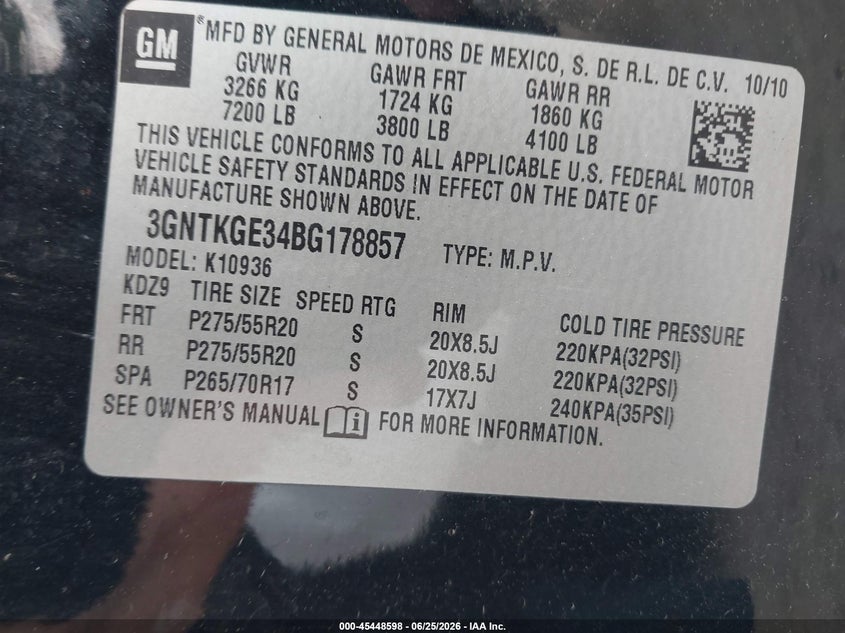 2011 Chevrolet Avalanche 1500 Ltz VIN: 3GNTKGE34BG178857 Lot: 45448598