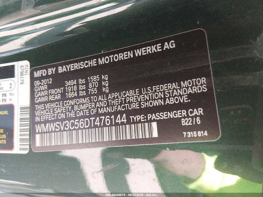 2013 Mini Hardtop Cooper S VIN: WMWSV3C56DT476144 Lot: 45448619