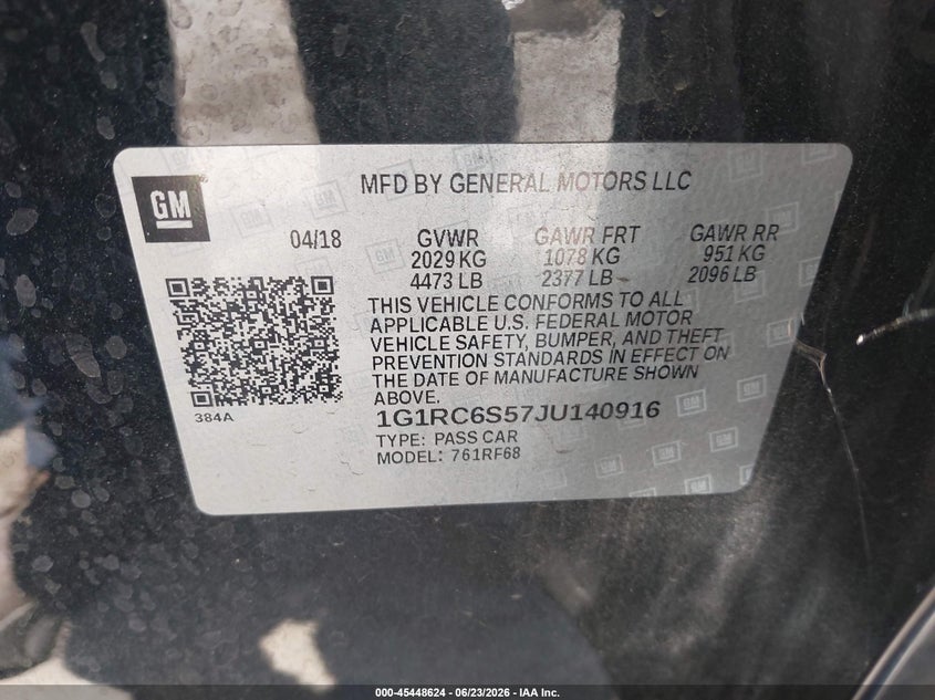 2018 Chevrolet Volt Lt VIN: 1G1RC6S57JU140916 Lot: 45448624
