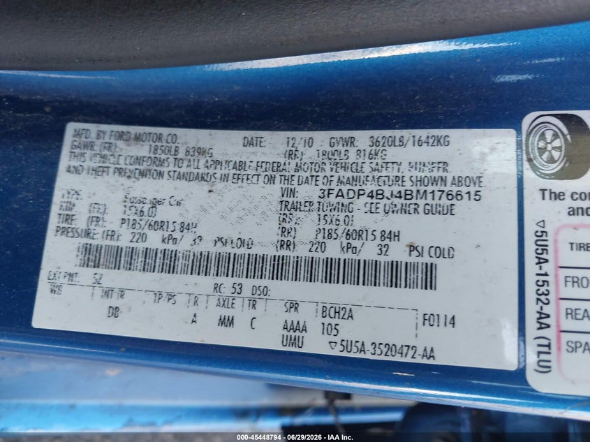 2011 Ford Fiesta Se VIN: 3FADP4BJ4BM176615 Lot: 45448794