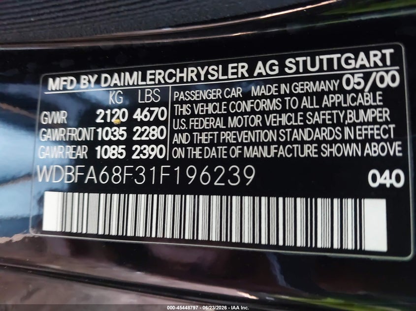 2001 Mercedes-Benz Sl 500 VIN: WDBFA68F31F196239 Lot: 45448797