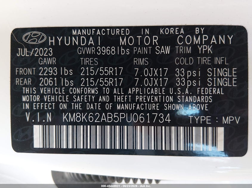 HYUNDAI KONA 2023 VIN KM8K62AB5PU061734