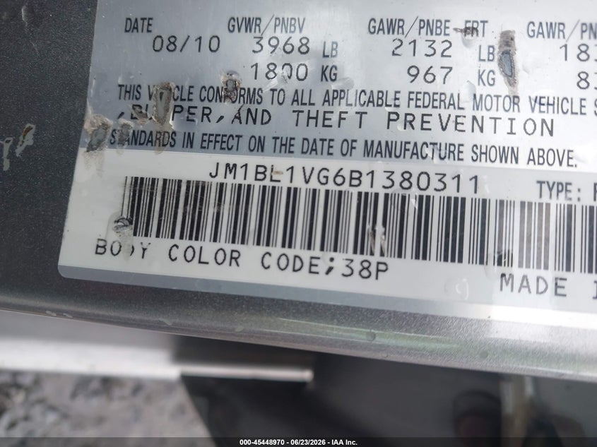 MAZDA MAZDA3 2011 VIN JM1BL1VG6B1380311