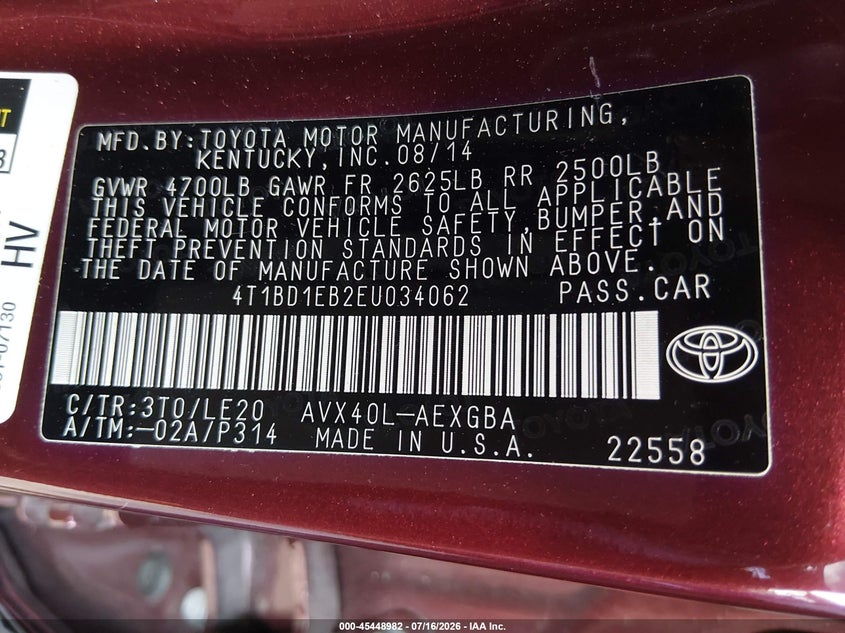 2014 Toyota Avalon Hybrid Xle Touring VIN: 4T1BD1EB2EU034062 Lot: 45448982