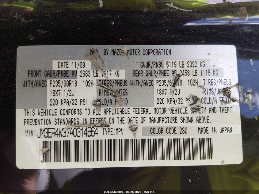 2010 Mazda Cx-7 S Touring VIN: JM3ER4W37A0314564 Lot: 45448996