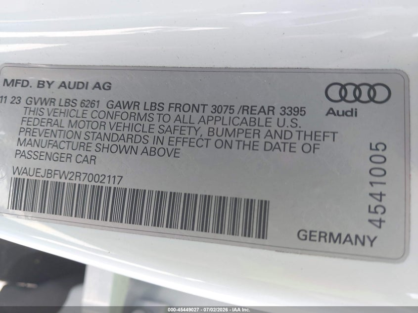 AUDI E-TRON GT 2024 VIN WAUEJBFW2R7002117