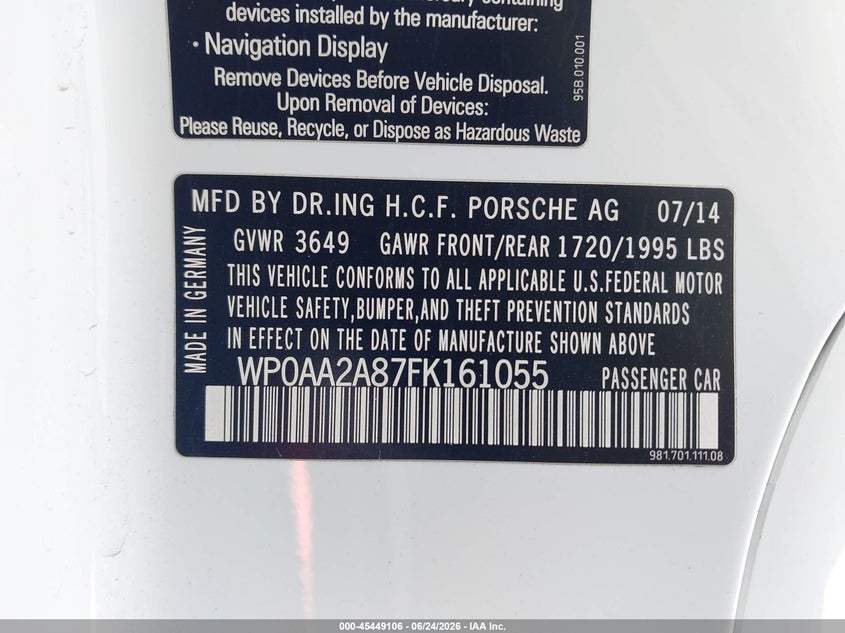 2015 Porsche Cayman VIN: WP0AA2A87FK161055 Lot: 45449106