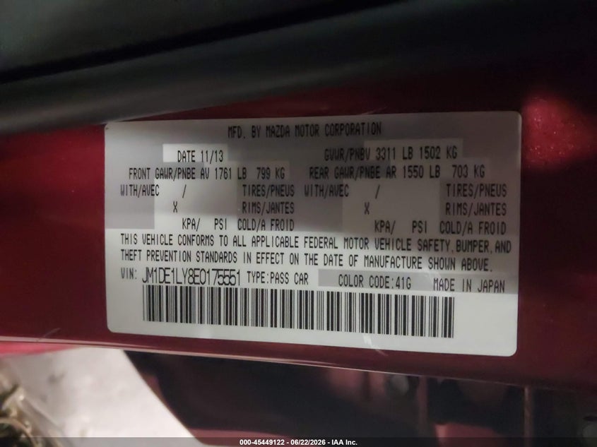 2014 Mazda Mazda2 Touring VIN: JM1DE1LY8E0175551 Lot: 45449122