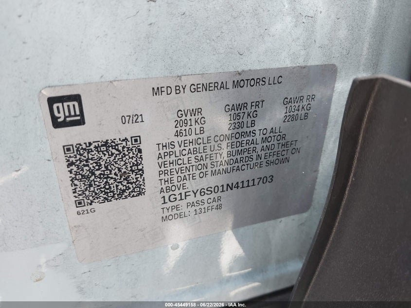 2022 Chevrolet Bolt Euv Fwd Lt VIN: 1G1FY6S01N4111703 Lot: 45449158