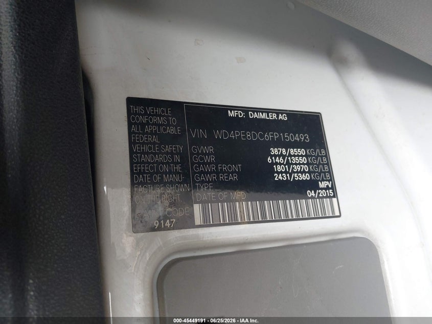 2015 Mercedes-Benz Sprinter 2500 High Roof VIN: WD4PE8DC6FP150493 Lot: 45449191