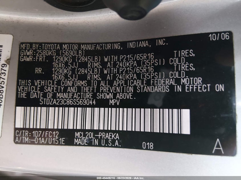 2006 Toyota Sienna Le VIN: 5TDZA23C86S569044 Lot: 45449216