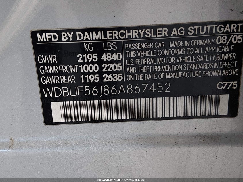 MERCEDES-BENZ E-CLASS 2006 VIN WDBUF56J86A867452