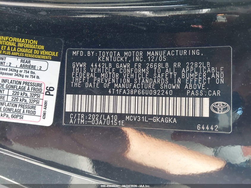 2006 Toyota Camry Solara Sle VIN: 4T1FA38P66U092240 Lot: 45449281