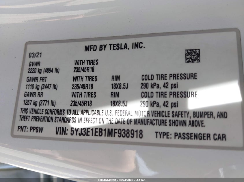 2021 Tesla Model 3 Long Range VIN: 5YJ3E1EB1MF938918 Lot: 45449291
