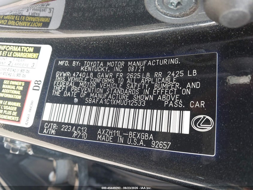 2021 Lexus Es 300H Ultra Luxury VIN: 58AFA1C1XMU012533 Lot: 45449293
