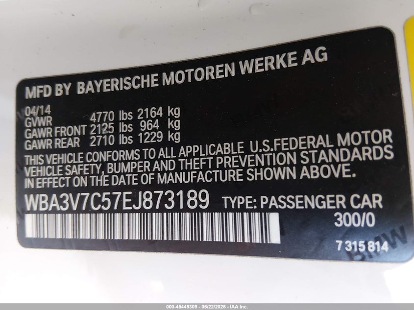2014 BMW 428I VIN: WBA3V7C57EJ873189 Lot: 45449309