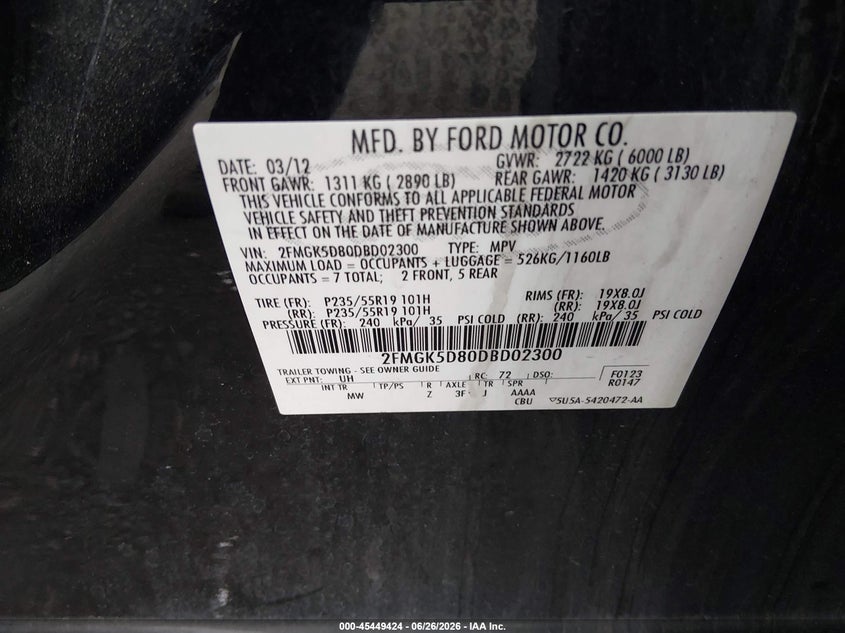 2013 Ford Flex Limited VIN: 2FMGK5D80DBD02300 Lot: 45449424