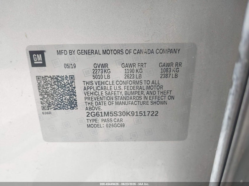 2019 Cadillac Xts Luxury VIN: 2G61M5S30K9151722 Lot: 45449426