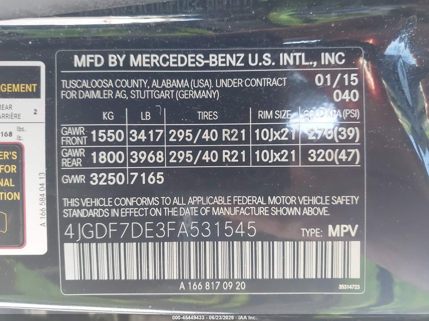 2015 Mercedes-Benz Gl 550 4Matic VIN: 4JGDF7DE3FA531545 Lot: 45449433