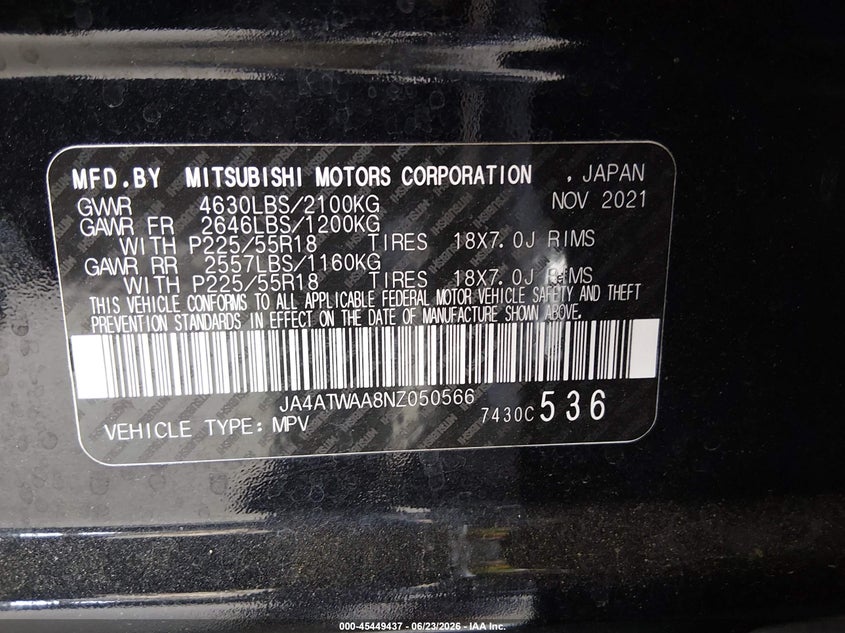 2022 Mitsubishi Eclipse Cross VIN: JA4ATWAA8NZ050566 Lot: 45449437