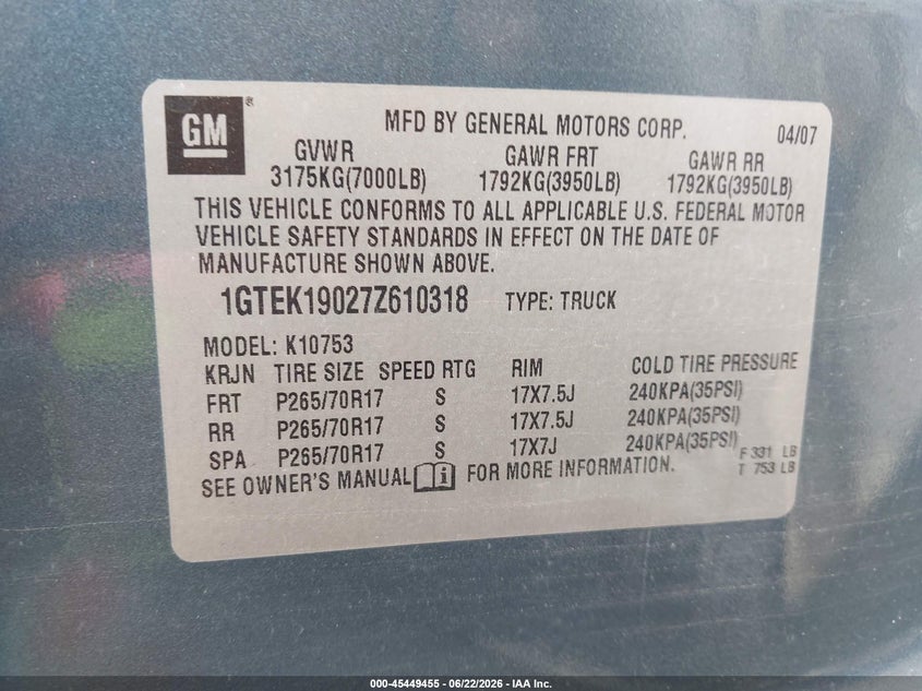 2007 GMC SIERRA TRUCK 5.3L V-8 315HP